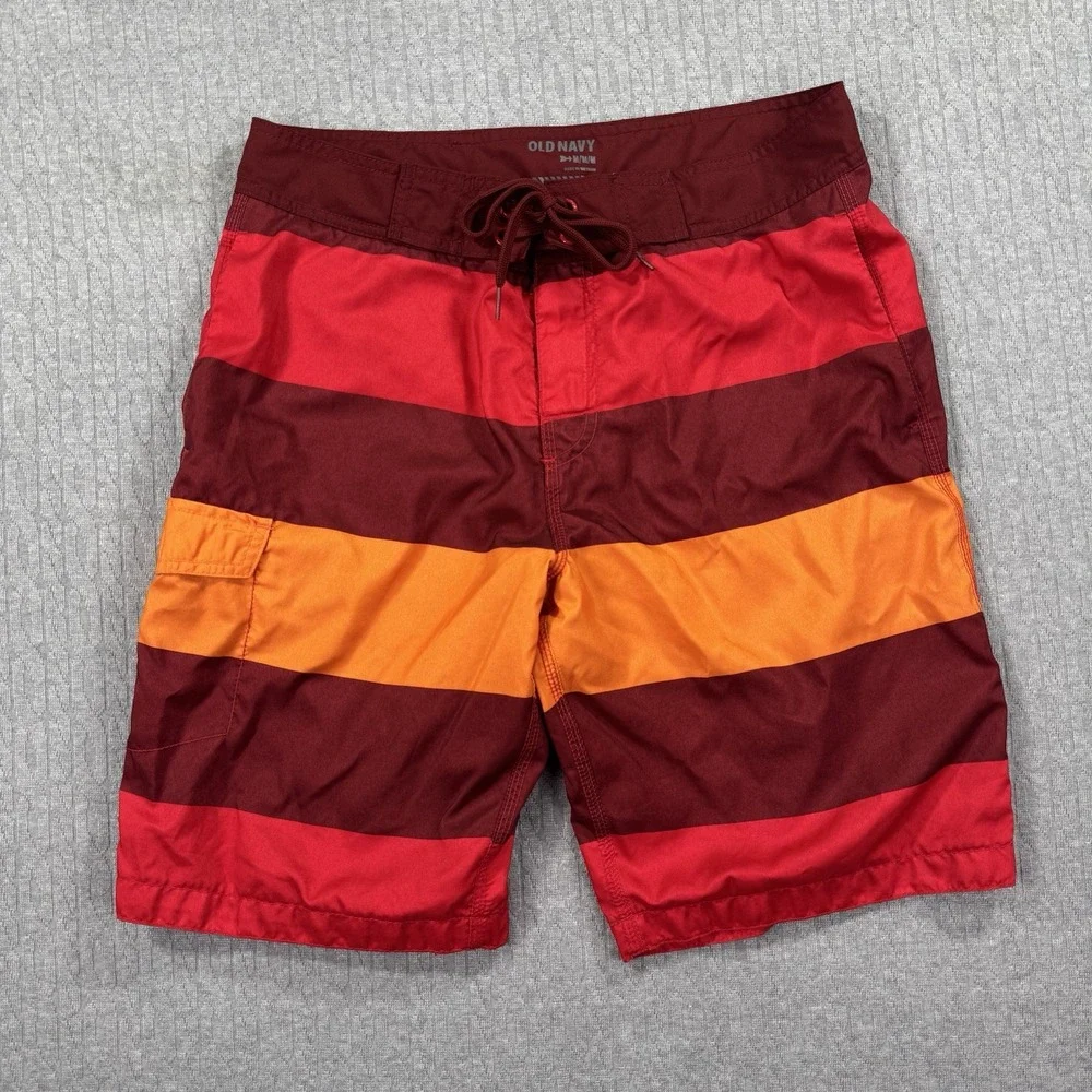 Old Navy Swim‎ Trunks Mens M Red Orange Rugby Stripe Liner Shorts Swim Surf
